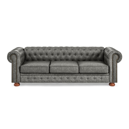 Canapé Chesterfield capitonné 3 places en PU avec accoudoirs à volutes et décoration cloutée