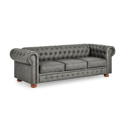 Canapé Chesterfield capitonné 3 places en PU avec accoudoirs à volutes et décoration cloutée