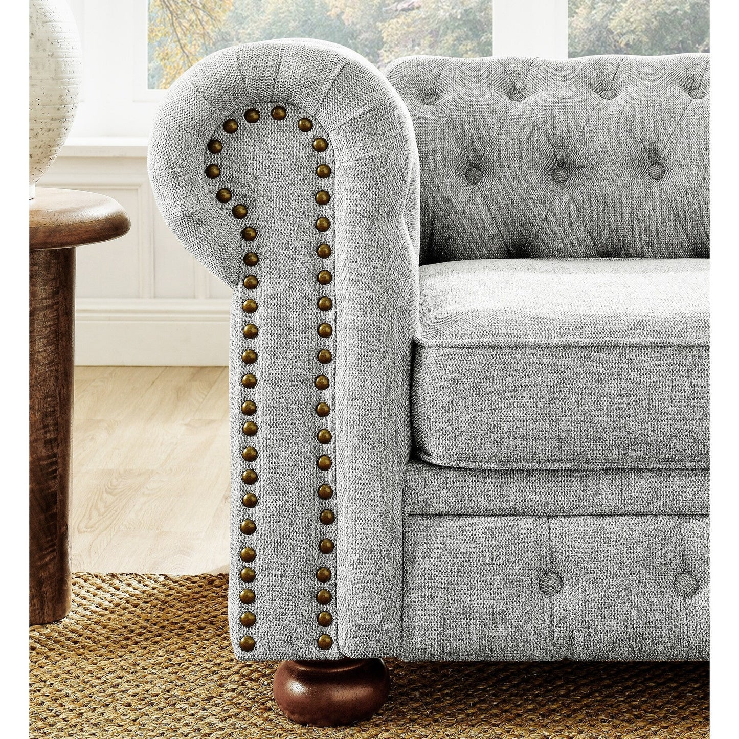 Canapé Chesterfield capitonné 3 places en PU avec accoudoirs à volutes et décoration cloutée