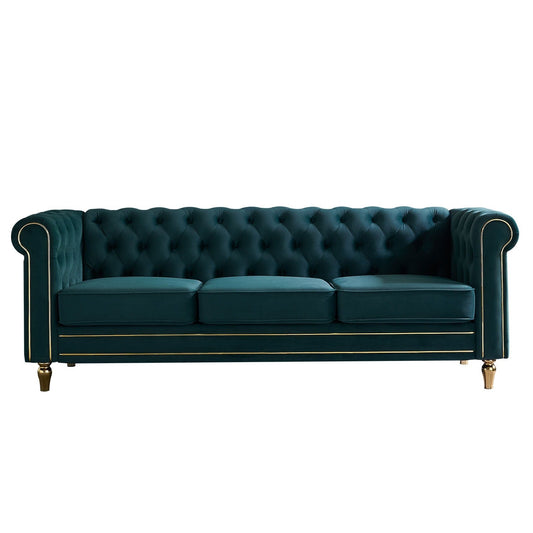 Canapé Chesterfield en velours avec bordure en bande dorée
