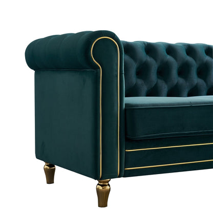 Canapé Chesterfield en velours avec bordure en bande dorée