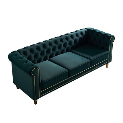 Canapé Chesterfield en velours avec bordure en bande dorée