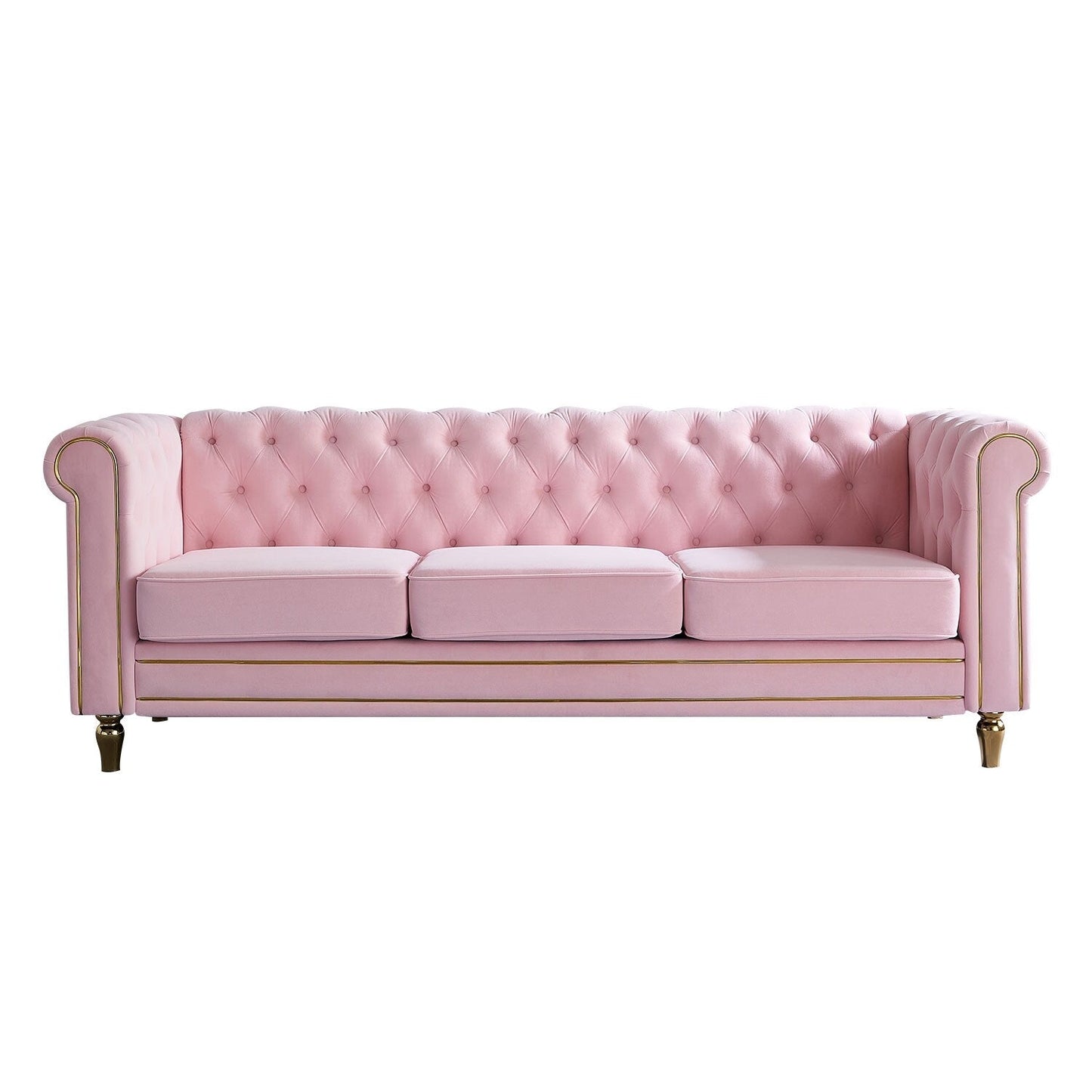 Canapé Chesterfield en velours avec bordure en bande dorée