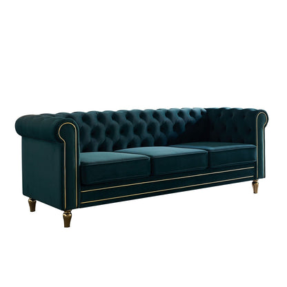 Canapé Chesterfield en velours avec bordure en bande dorée