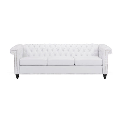 Canapé Chis, Chesterfield profond, capitonné, similicuir blanc, 83 pouces