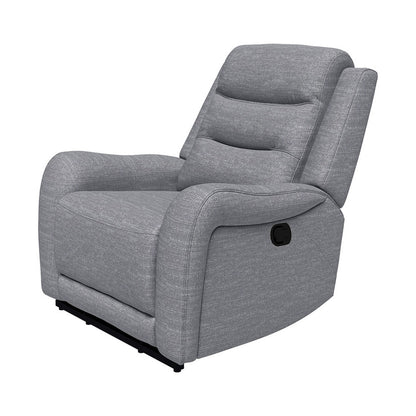Fauteuil inclinable manuel Clair avec accoudoirs à volutes, structure en bois, tissu gris