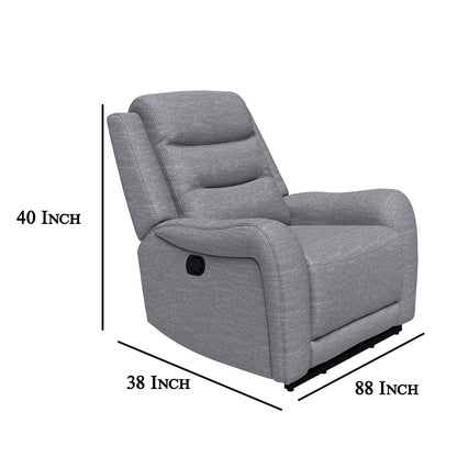 Fauteuil inclinable manuel Clair avec accoudoirs à volutes, structure en bois, tissu gris