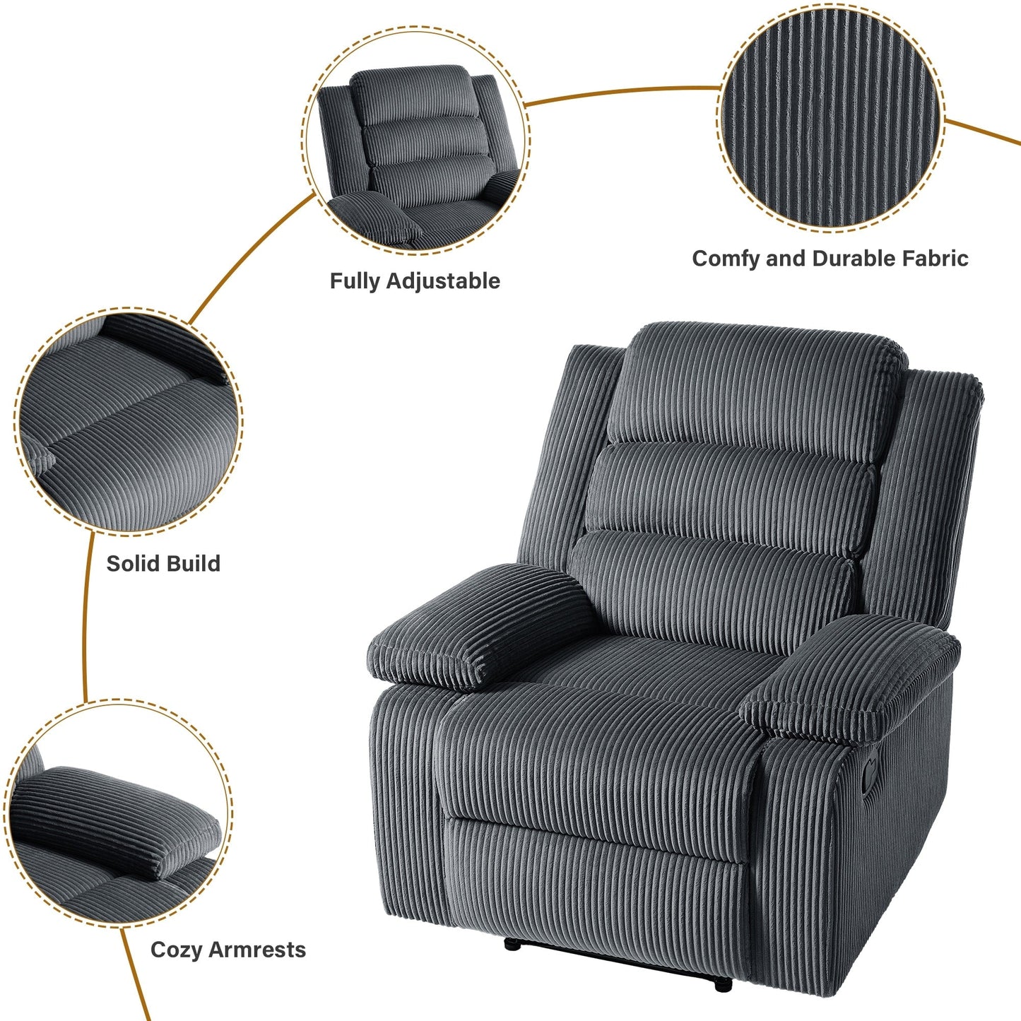 Fauteuil inclinable manuel classique rembourré en velours côtelé