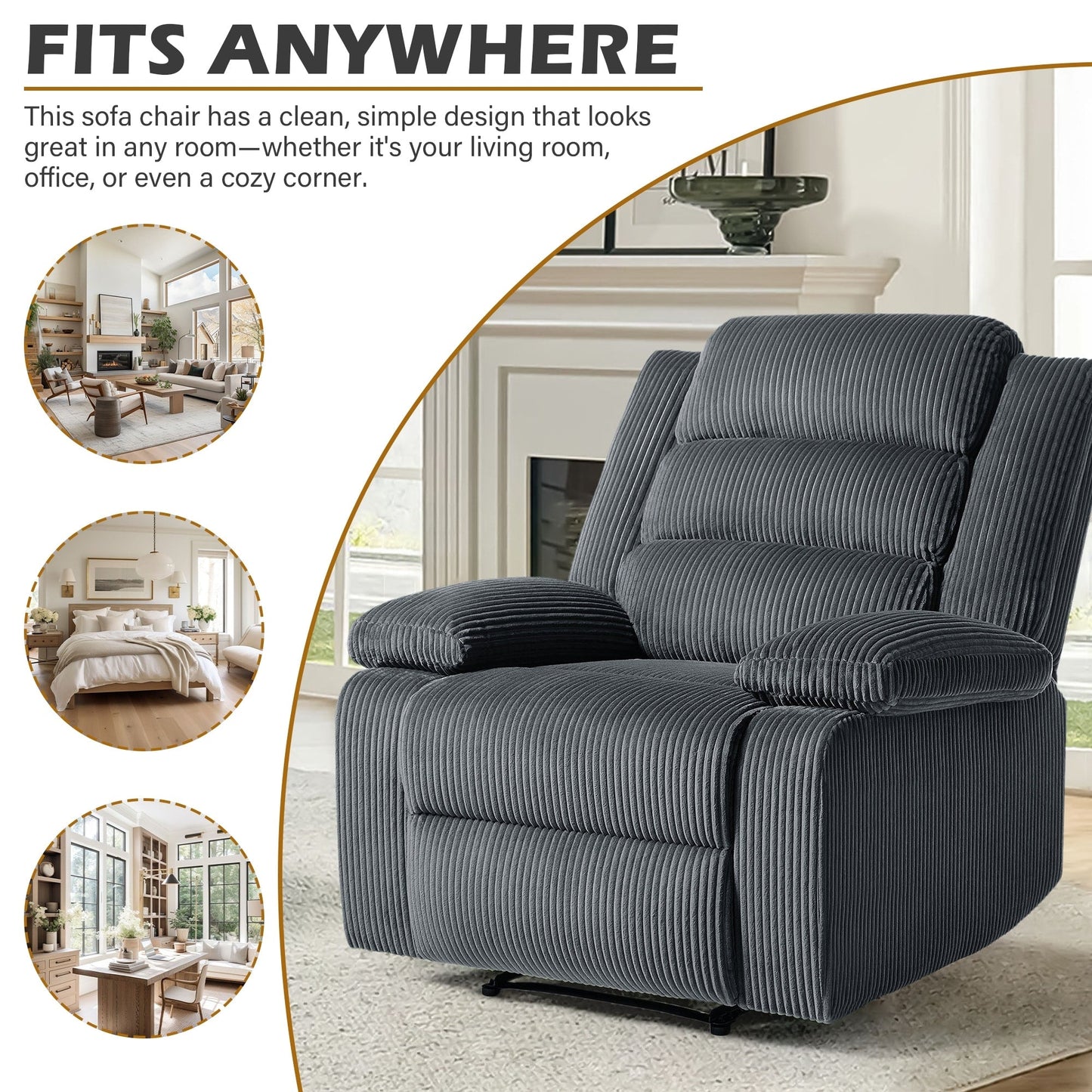 Fauteuil inclinable manuel classique rembourré en velours côtelé