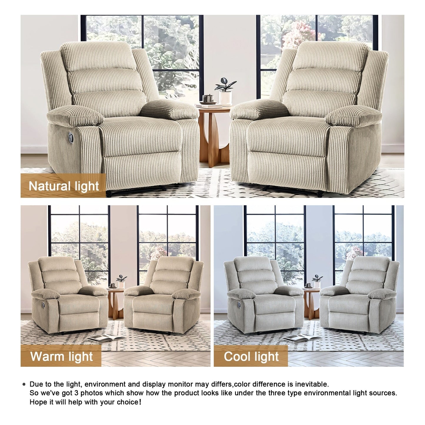 Fauteuil inclinable manuel classique rembourré en velours côtelé (lot de 2)