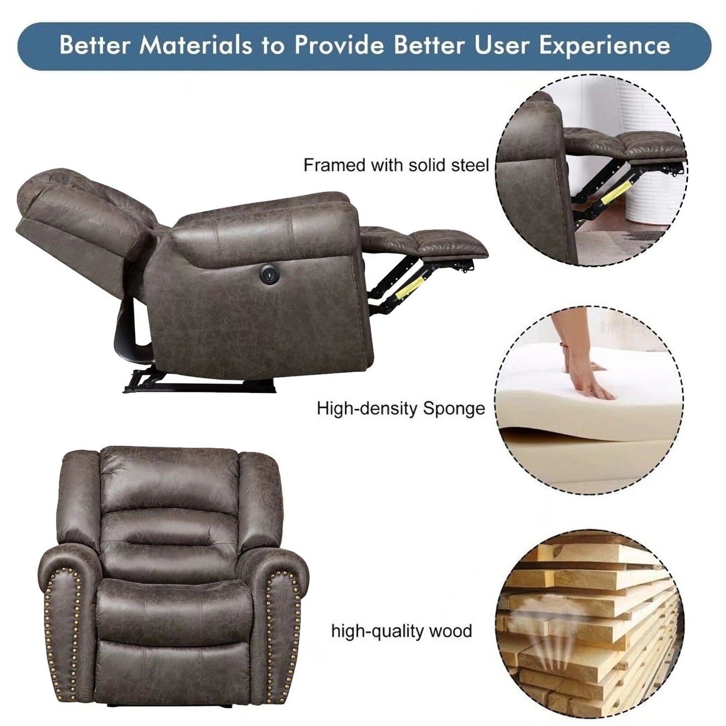 Fauteuil inclinable électrique en cuir respirant avec port USB pour salon et cinéma