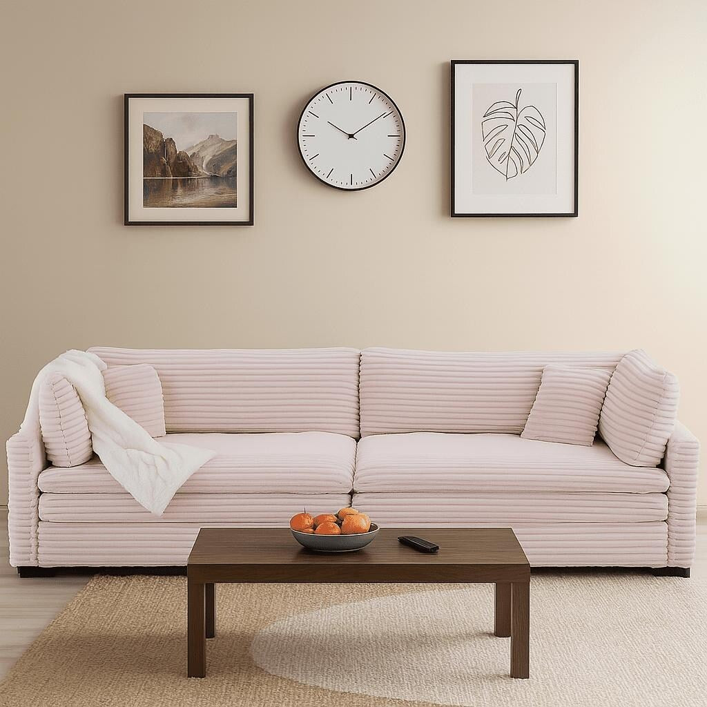 Canapé trois places classique et élégant en velours côtelé avec deux coussins décoratifs