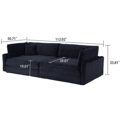 Canapé trois places classique et élégant en velours côtelé avec deux coussins décoratifs