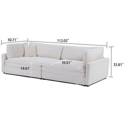 Canapé trois places classique et élégant en velours côtelé avec deux coussins décoratifs