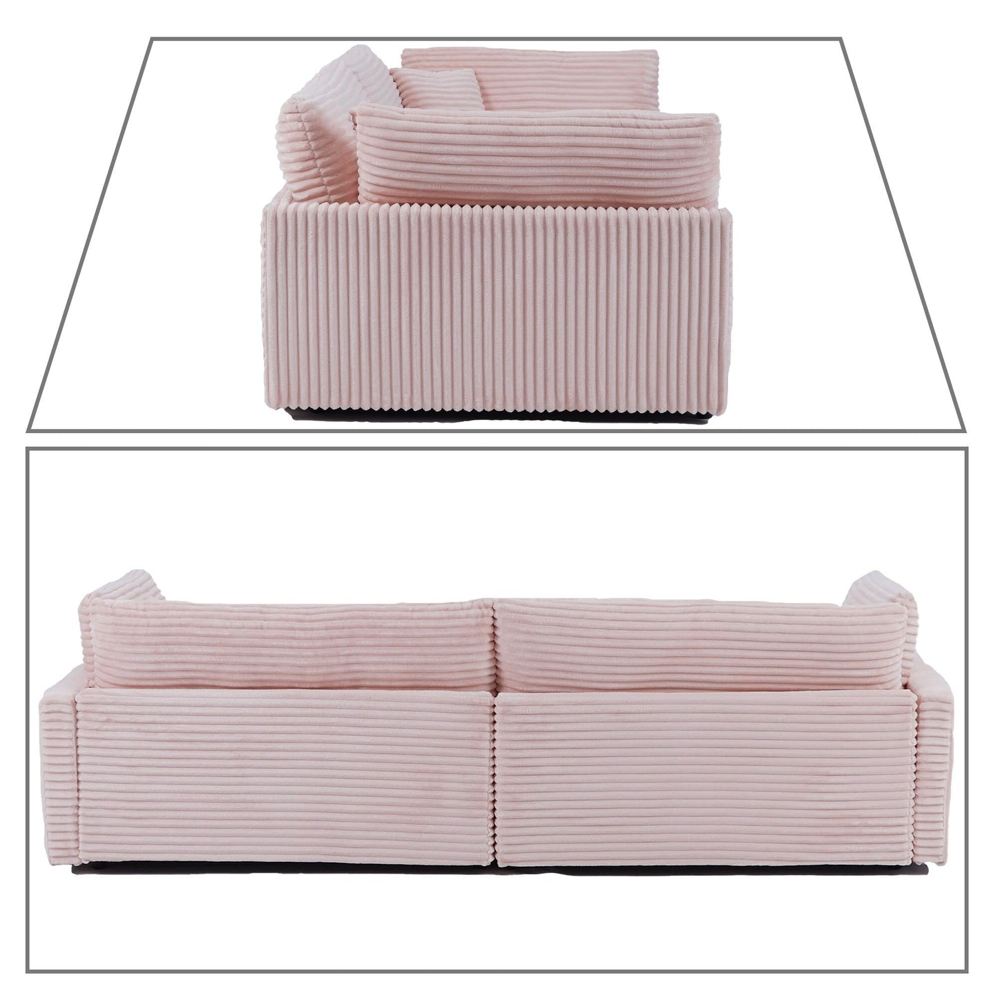 Canapé trois places classique et élégant en velours côtelé avec deux coussins décoratifs