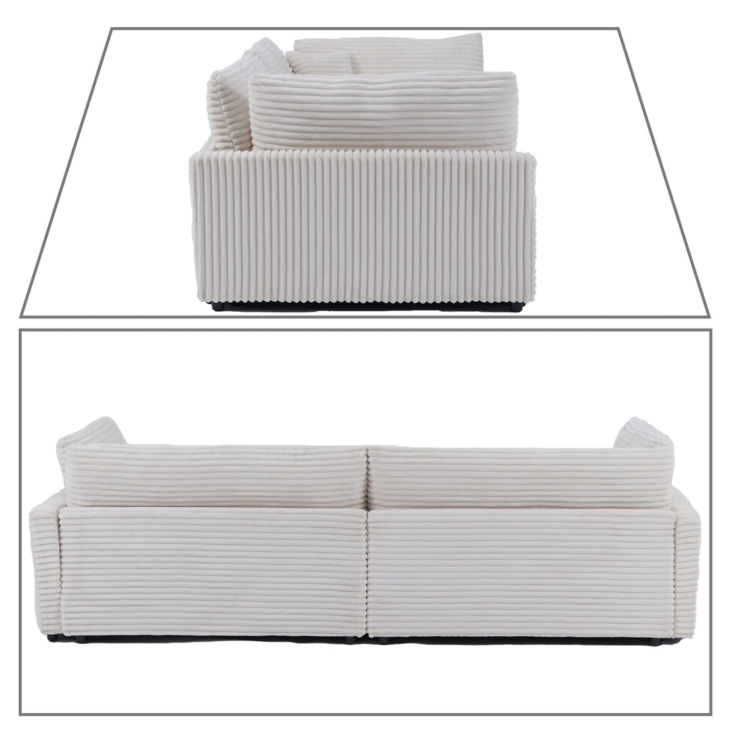 Canapé trois places classique et élégant en velours côtelé avec deux coussins décoratifs