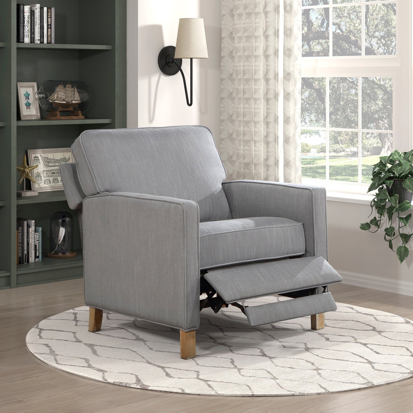 Fauteuil inclinable classique traditionnel avec dossier en tissu gris et coussin d'assise en bois massif, 1 pièce