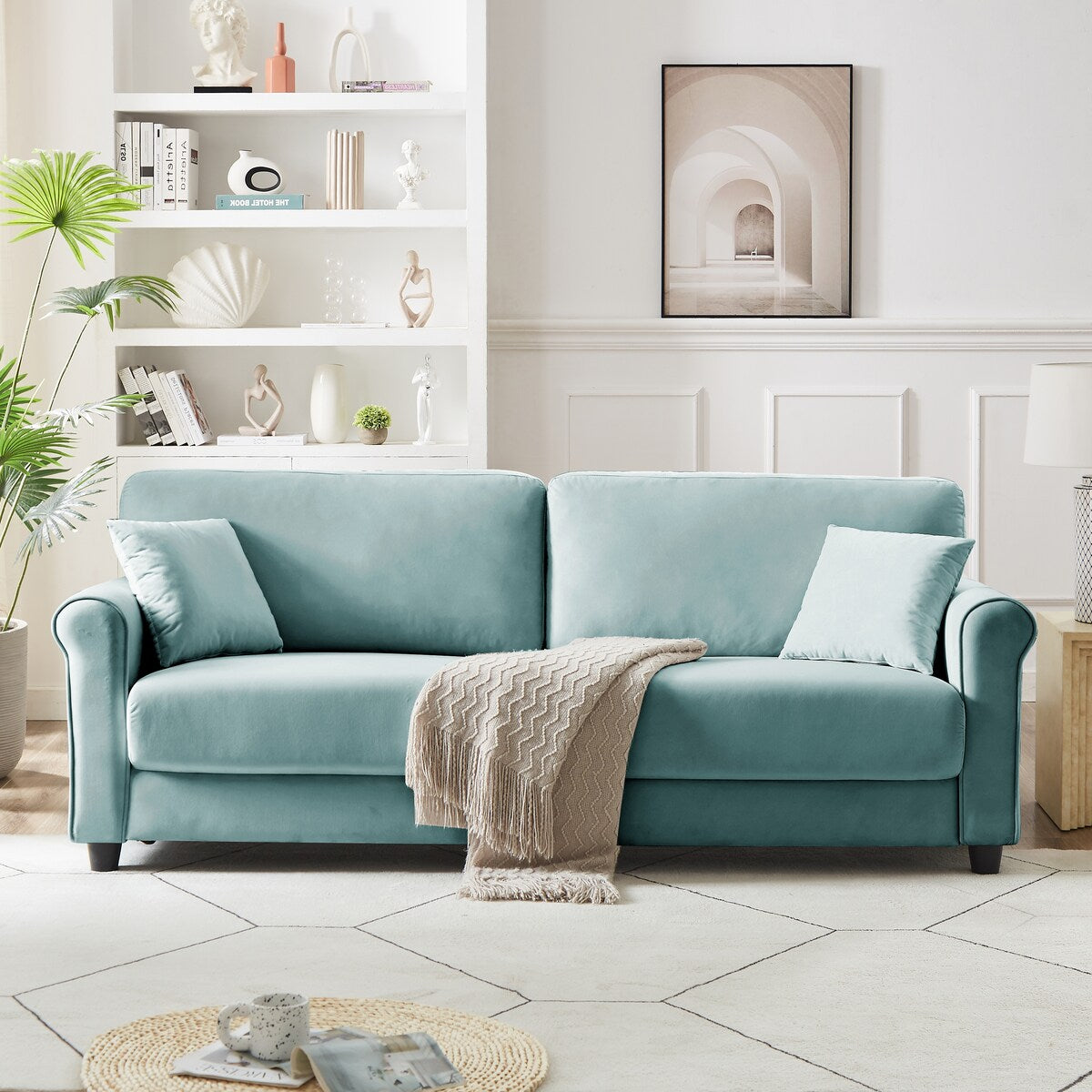 Canapé classique en velours avec cadre en bois dur, canapé rembourré, accoudoirs arrondis