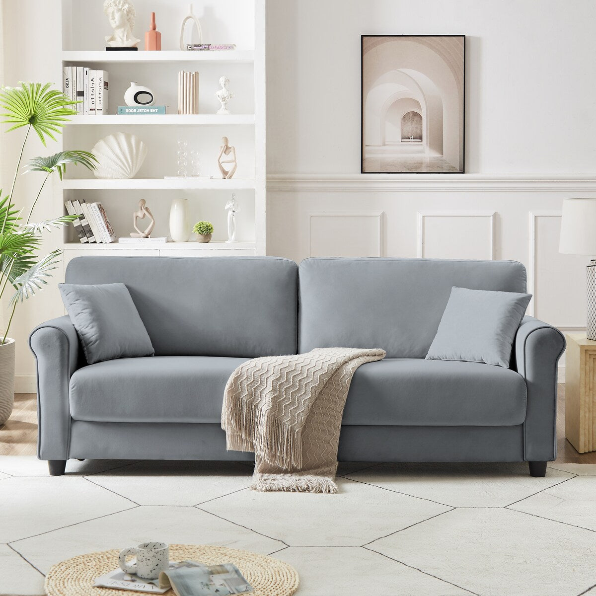 Canapé classique en velours avec cadre en bois dur, canapé rembourré, accoudoirs arrondis