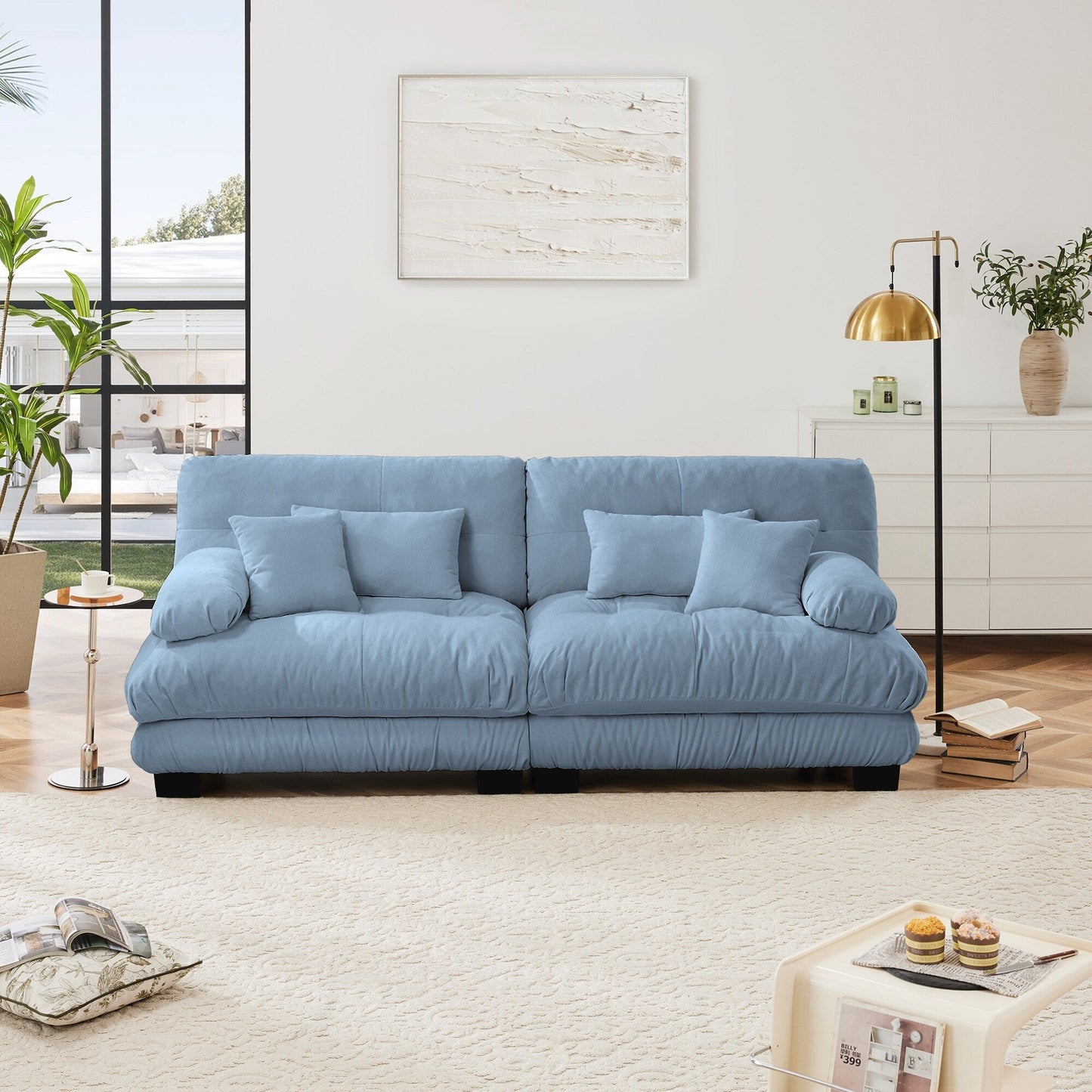 Canapé 2 places Cloud Couch pour salon, Chenille, 2 places, 2 coussins lombaires et 2 coussins décoratifs, bleu chenille