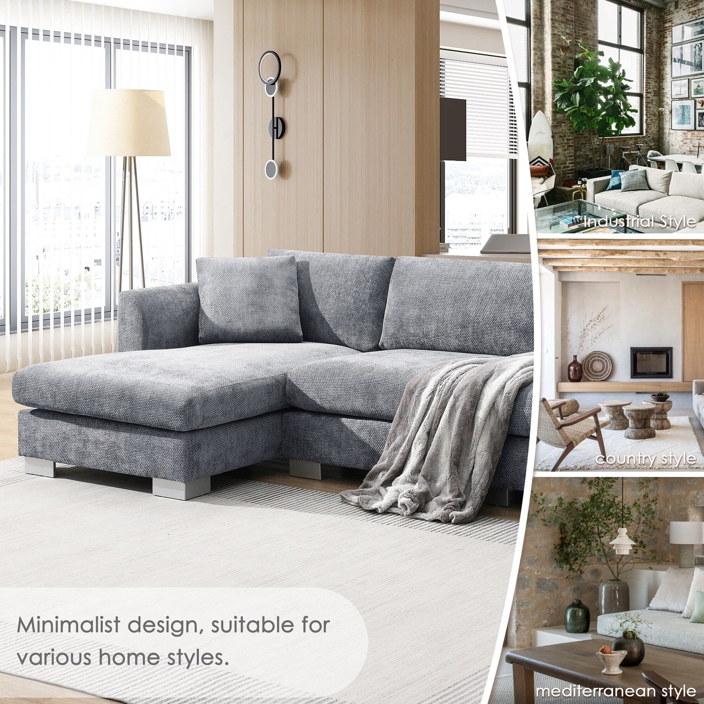 Canapé sectionnel Cloud, ensemble de canapés de luxe en forme de L avec 2 oreillers gratuits, mobilier d'intérieur 4 places en chenille avec méridienne surdimensionnée