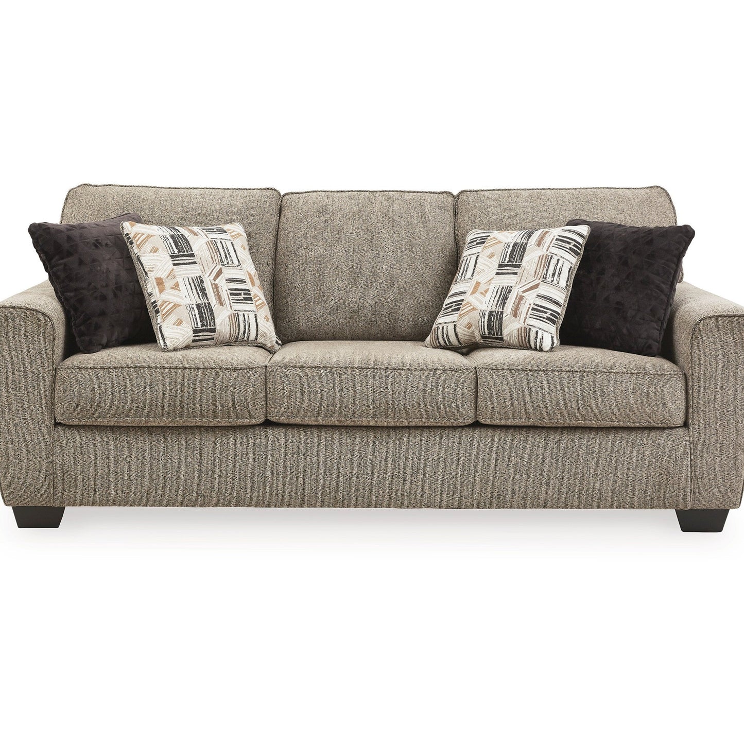 Canapé Cluer, chenille polyester marron moka, 4 coussins décoratifs, 220 cm