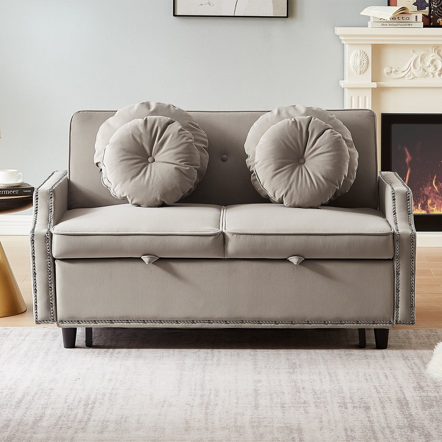 Canapé-lit réglable en polyester couleur café 54,7 avec deux ports USB et quatre coussins lombaires à motifs floraux