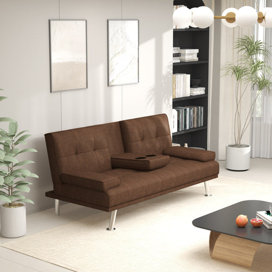 Canapé-lit causeuse rembourré couleur café avec porte-gobelets