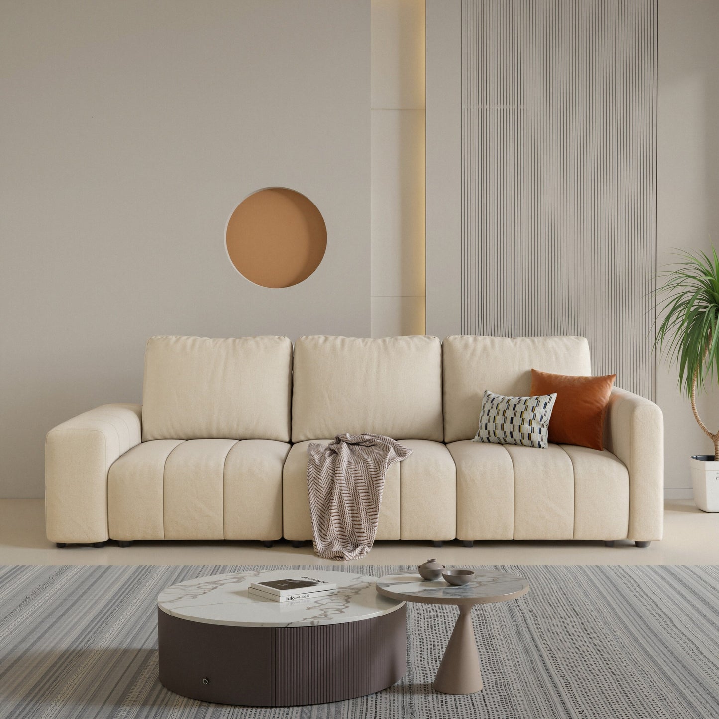 Canapé combiné trois places en tissu griffoir pour chat, accoudoirs hauts et bas, style Bacta, beige