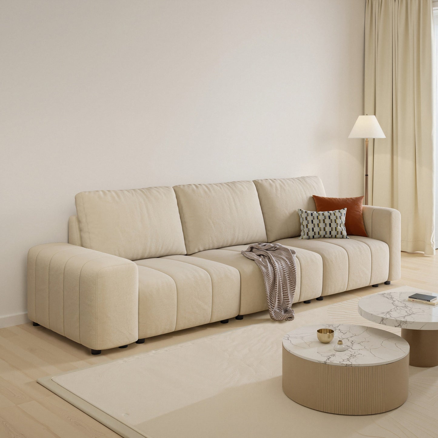 Canapé combiné trois places en tissu griffoir pour chat, accoudoirs hauts et bas, style Bacta, beige