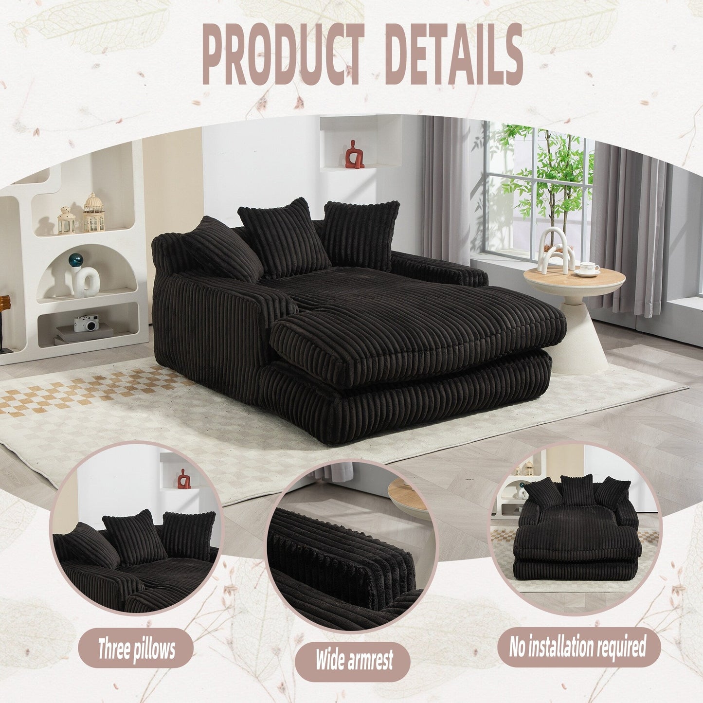 Canapé-lit en velours côtelé avec rembourrage en éponge hautement élastique, sans installation pour le salon