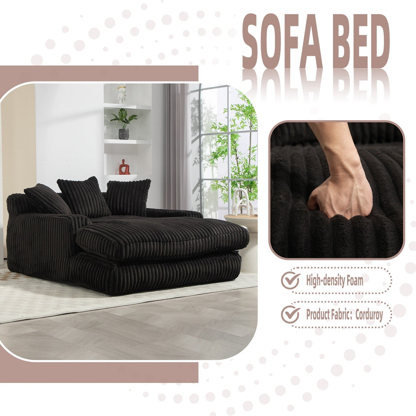 Canapé-lit en velours côtelé avec rembourrage en éponge hautement élastique, sans installation pour le salon