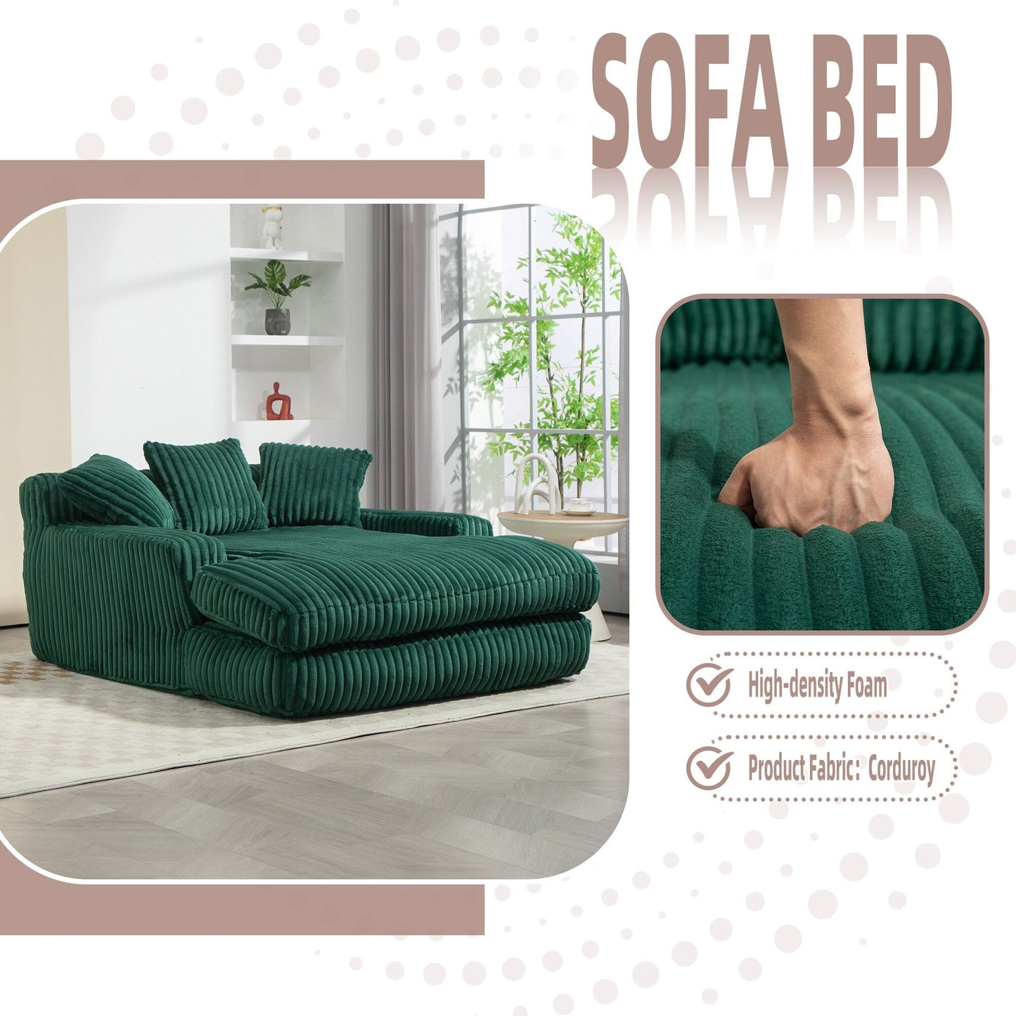 Canapé-lit en velours côtelé avec rembourrage en éponge hautement élastique, sans installation pour le salon