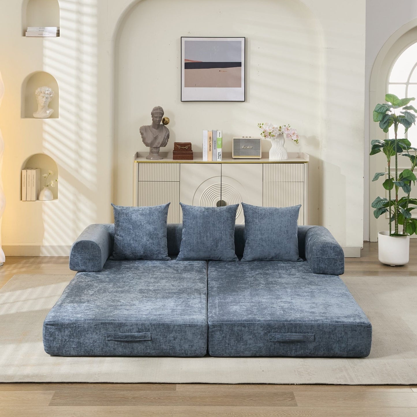 Canapé-lit convertible confortable avec matelas pliant, canapé-lit de sol, canapé de sol en chenille avec accoudoir, canapé de salon de sol