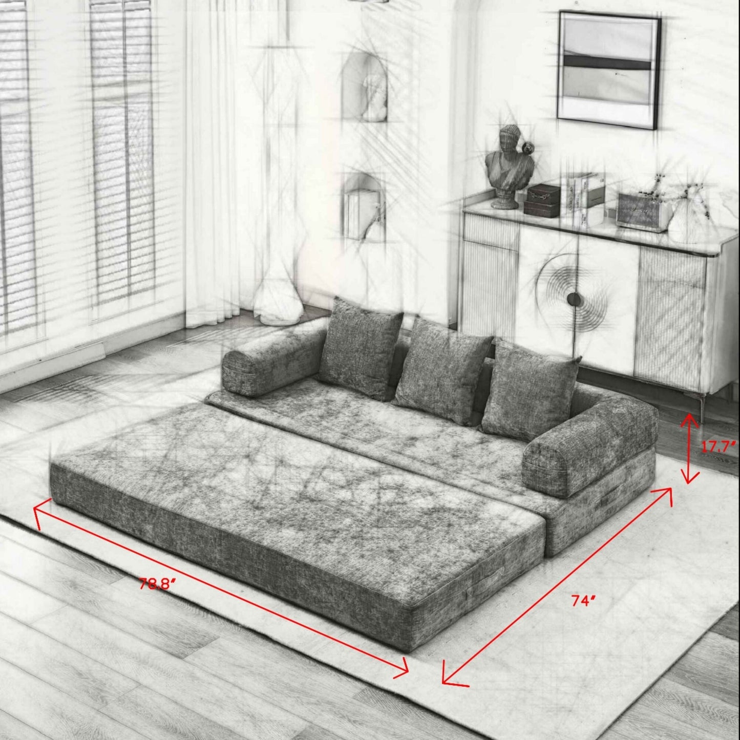 Canapé-lit convertible confortable avec matelas pliant, canapé-lit de sol, canapé de sol en chenille avec accoudoir, canapé de salon de sol