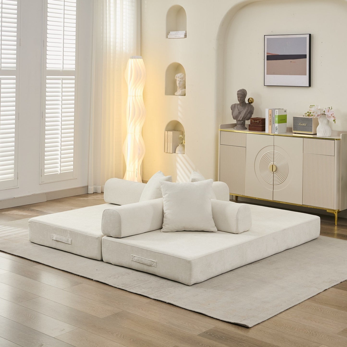 Canapé-lit convertible confortable avec matelas pliant, canapé-lit de sol, canapé de sol en chenille avec accoudoir, canapé de salon de sol