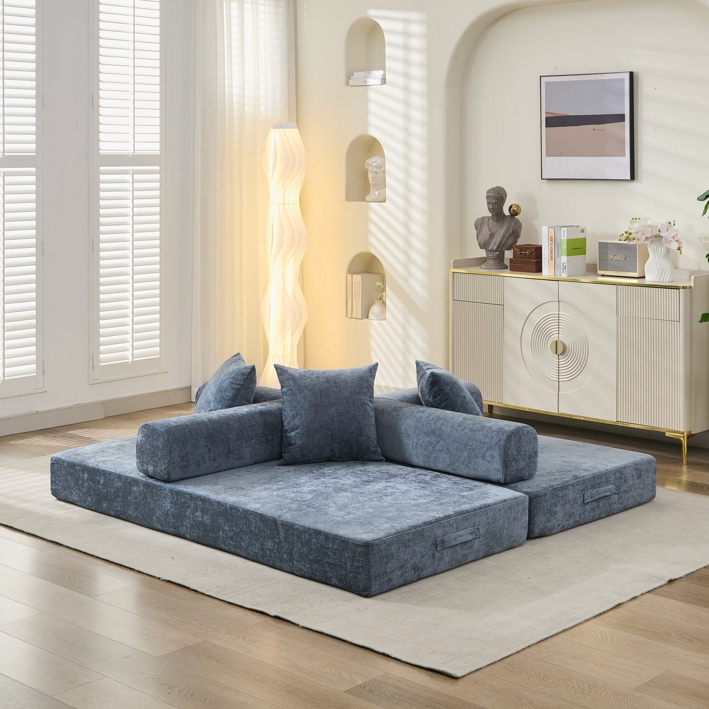 Canapé-lit convertible confortable avec matelas pliant, canapé-lit de sol, canapé de sol en chenille avec accoudoir, canapé de salon de sol