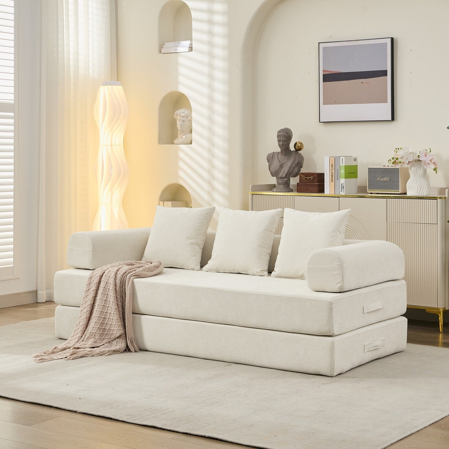 Canapé-lit convertible confortable avec matelas pliant, canapé-lit de sol, canapé de sol en chenille avec accoudoir, canapé de salon de sol