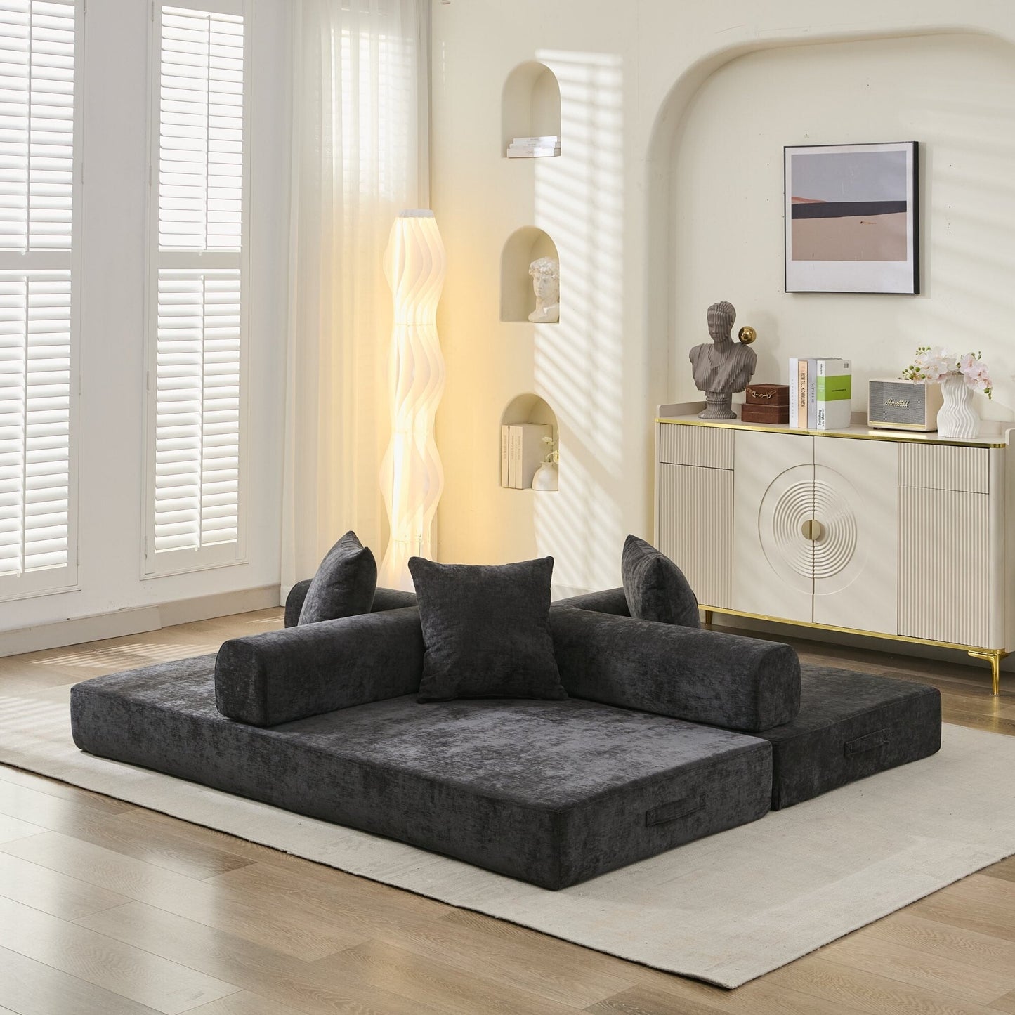 Canapé-lit convertible confortable avec matelas pliant, canapé-lit de sol, canapé de sol en chenille avec accoudoir, canapé de salon de sol