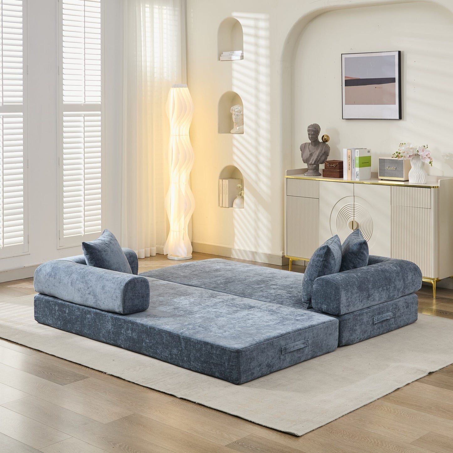 Canapé-lit convertible confortable avec matelas pliant, canapé-lit de sol, canapé de sol en chenille avec accoudoir, canapé de salon de sol