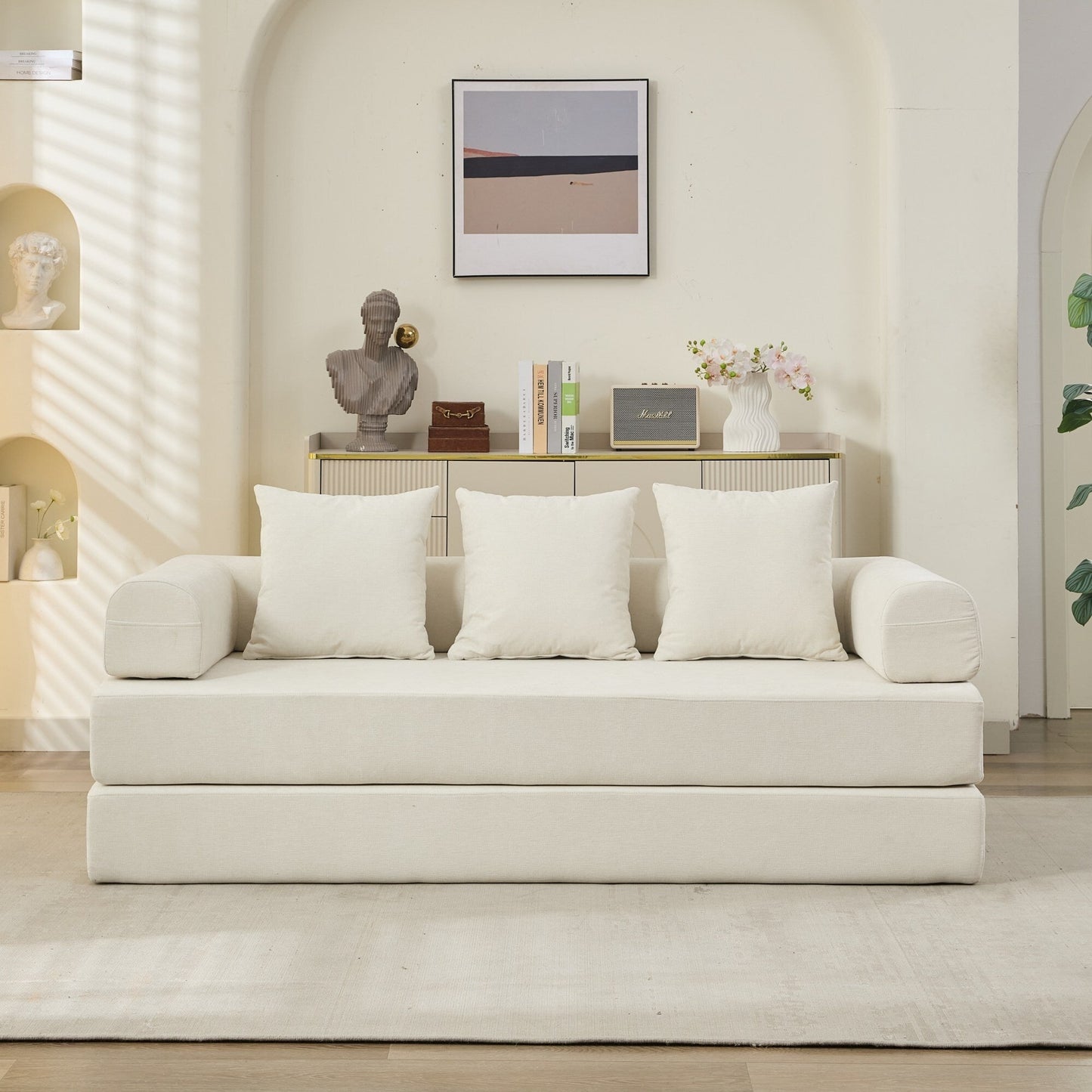 Canapé-lit convertible confortable avec matelas pliant, canapé-lit de sol, canapé de sol en chenille avec accoudoir, canapé de salon de sol