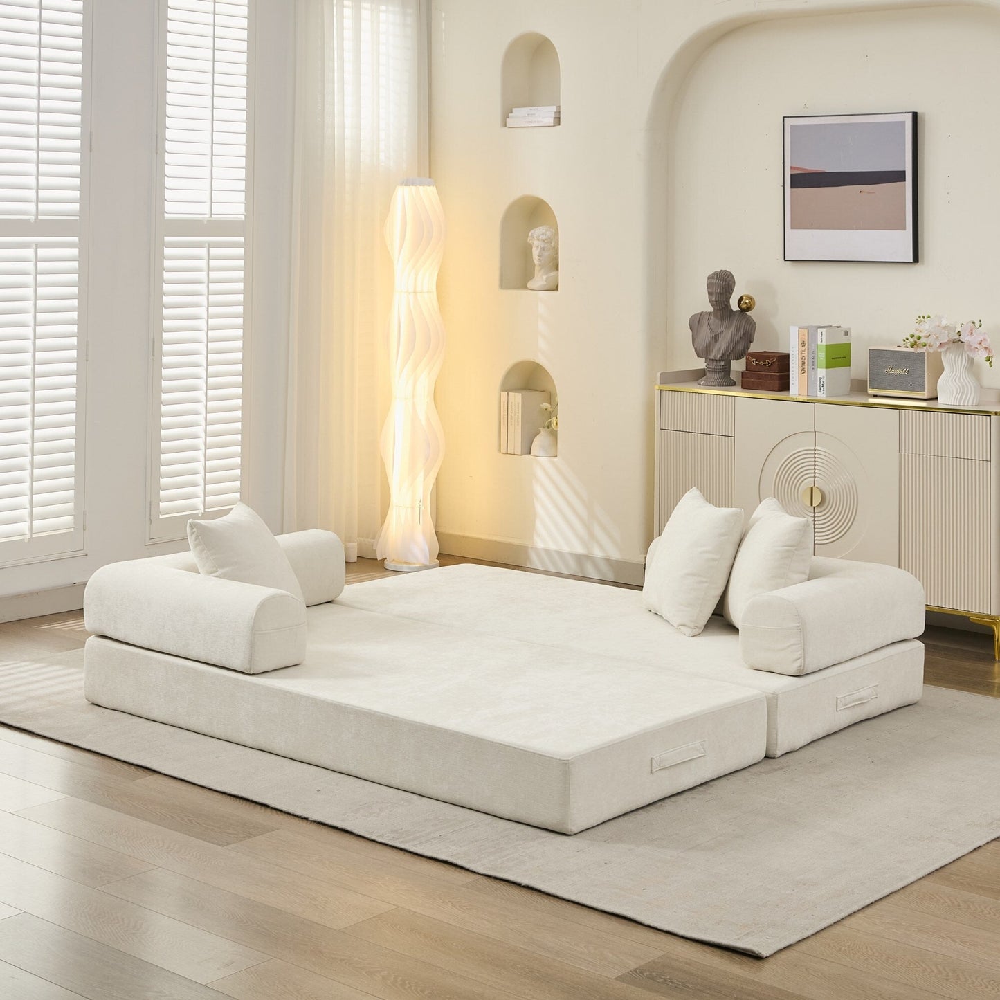 Canapé-lit convertible confortable avec matelas pliant, canapé-lit de sol, canapé de sol en chenille avec accoudoir, canapé de salon de sol