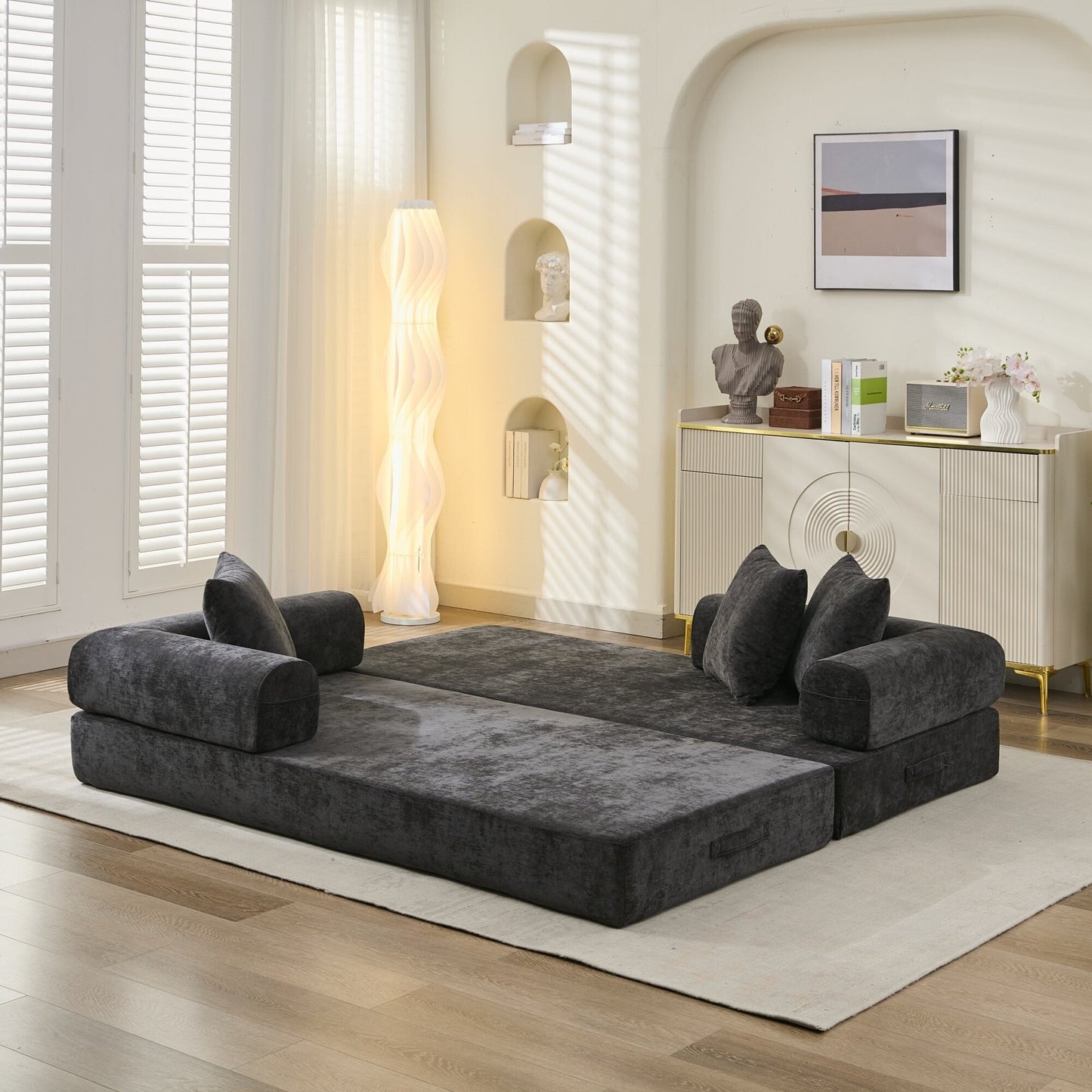 Canapé-lit convertible confortable avec matelas pliant, canapé-lit de sol, canapé de sol en chenille avec accoudoir, canapé de salon de sol