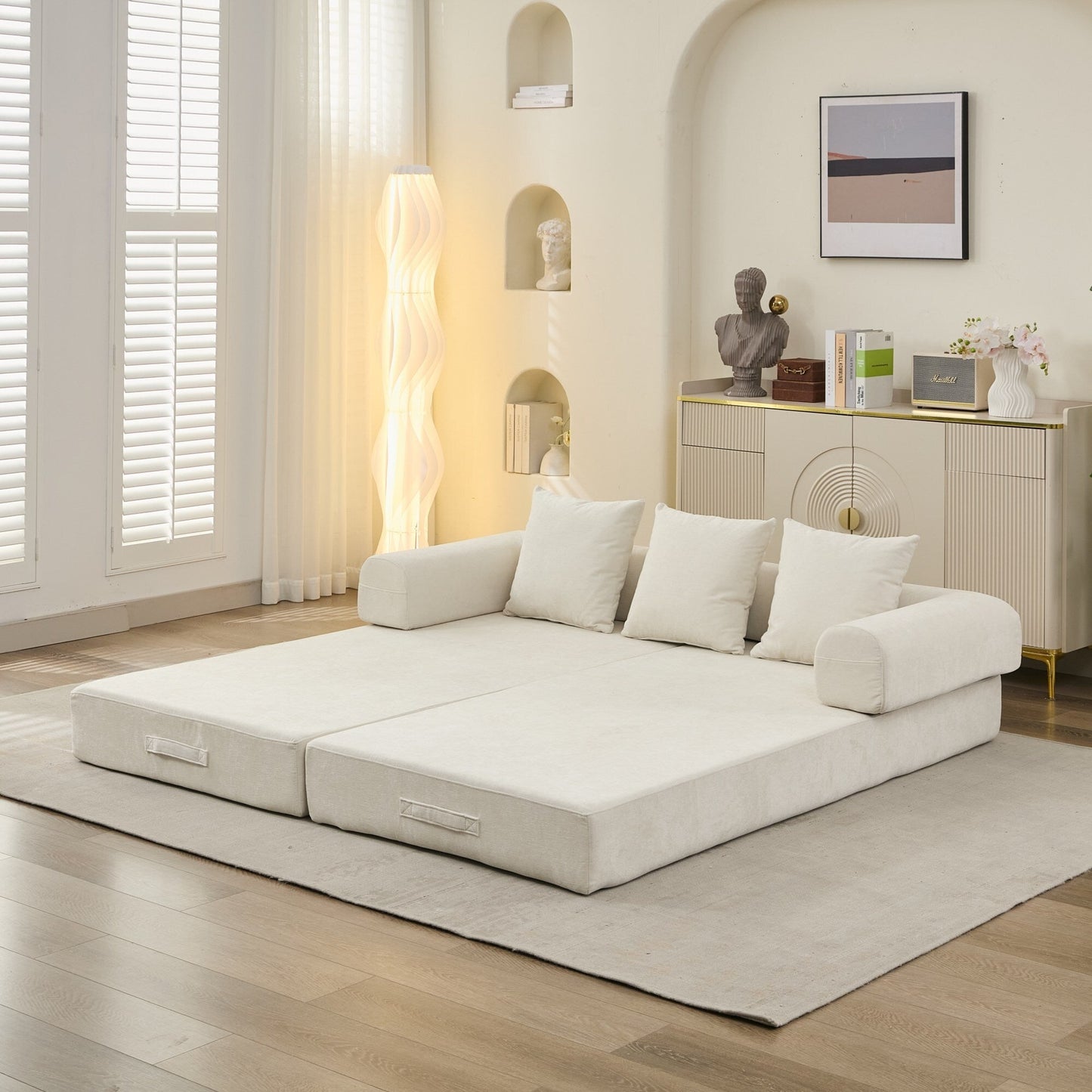 Canapé-lit convertible confortable avec matelas pliant, canapé-lit de sol, canapé de sol en chenille avec accoudoir, canapé de salon de sol