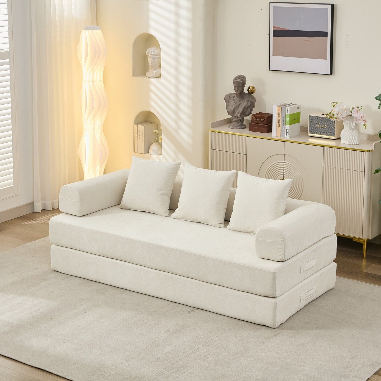 Canapé-lit convertible confortable avec matelas pliant, canapé-lit de sol, canapé de sol en chenille avec accoudoir, canapé de salon