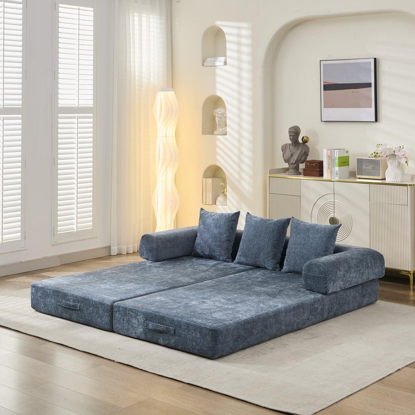 Canapé-lit convertible confortable avec matelas pliant, canapé-lit de sol, canapé de sol en chenille avec accoudoir, canapé de salon