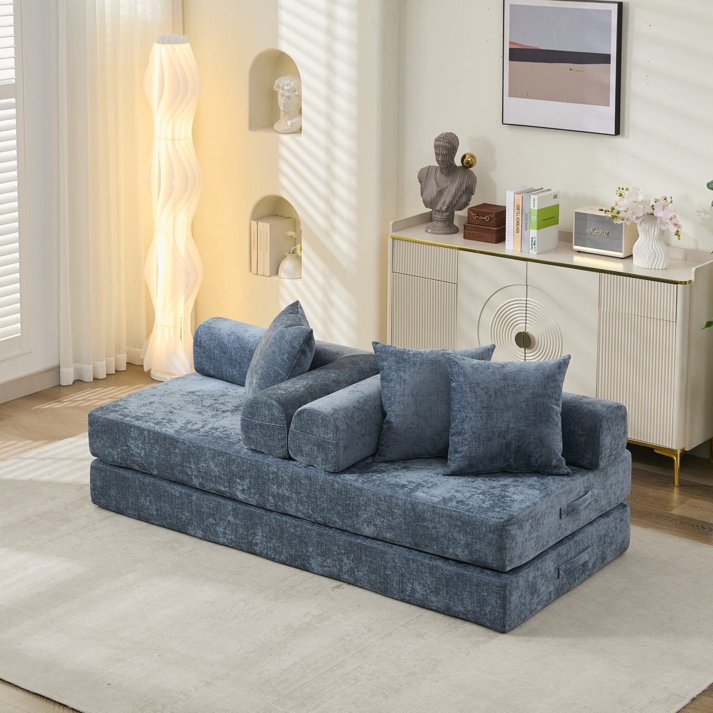 Canapé-lit convertible confortable avec matelas pliant, canapé-lit de sol, canapé de sol en chenille avec accoudoir, canapé de salon