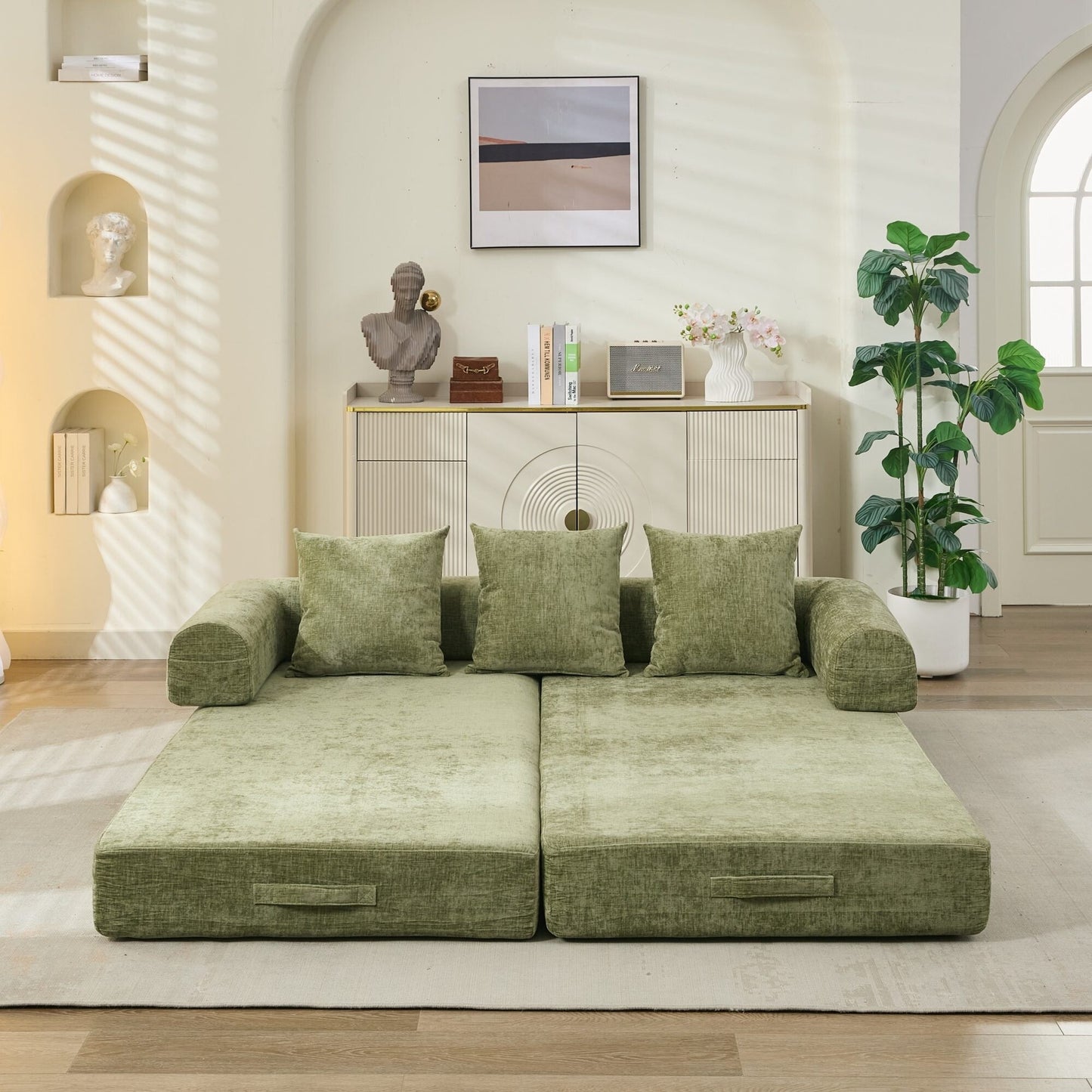 Canapé-lit convertible confortable avec matelas pliant, canapé-lit de sol, canapé de sol en chenille avec accoudoir, canapé de salon