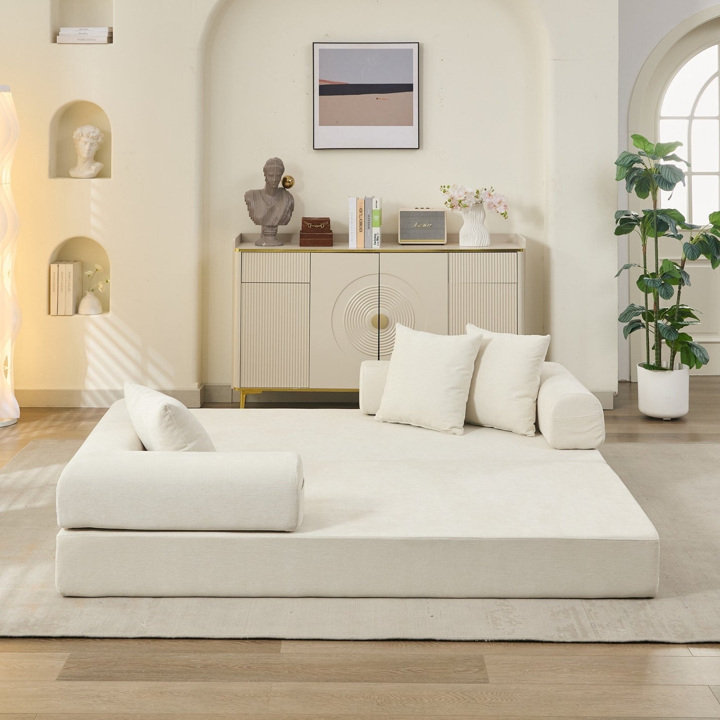 Canapé-lit convertible confortable avec matelas pliant, canapé-lit de sol, canapé de sol en chenille avec accoudoir, canapé de salon