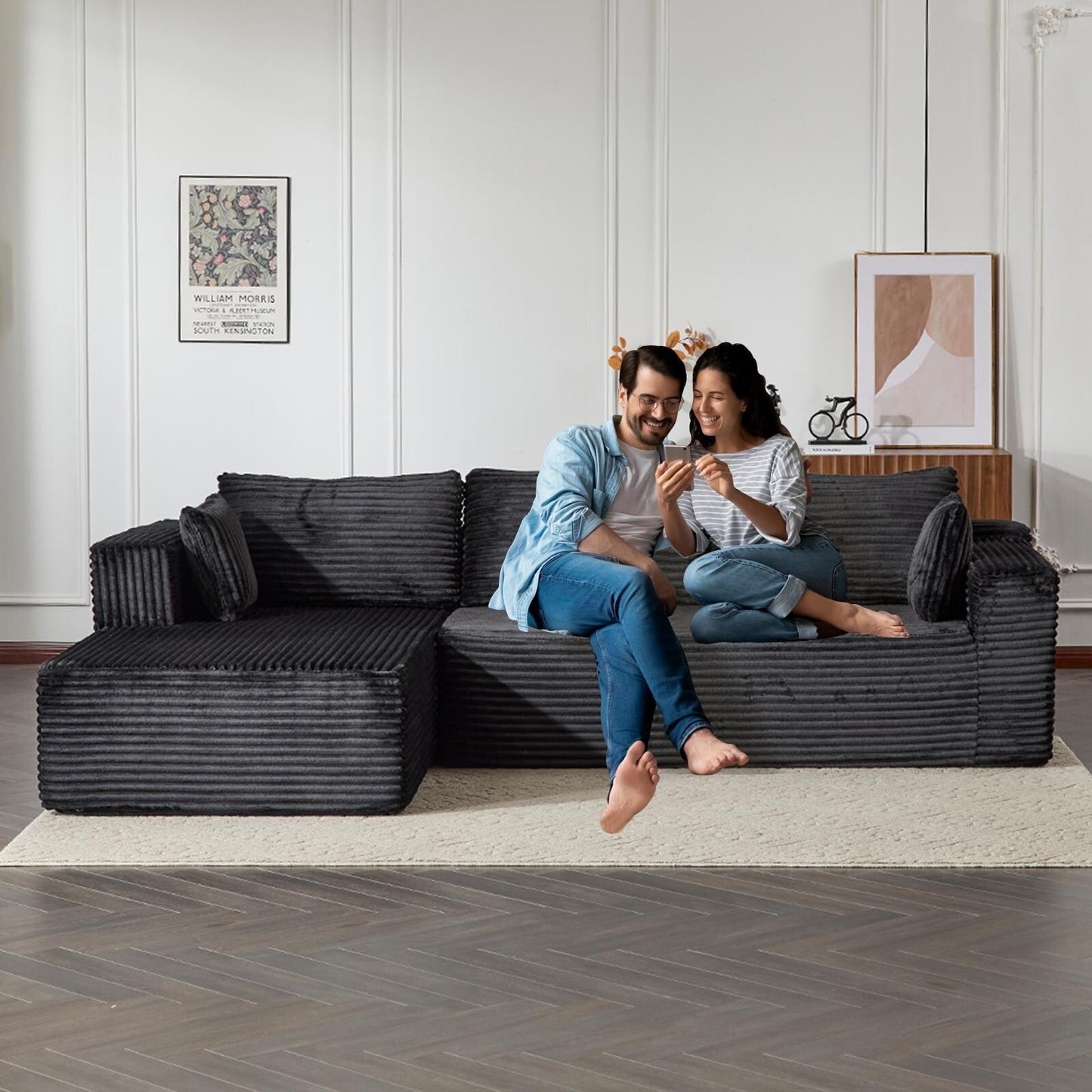 Canapé sectionnel à compression avec méridienne en forme de L, siège profond, convertible modulaire pour salon, chambre à coucher, velours côtelé